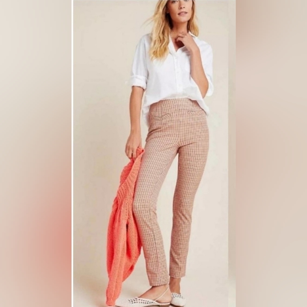 New Anthropologie Pink Tan Plaid Essentials Slim Stretch Cotton Pant Size 10